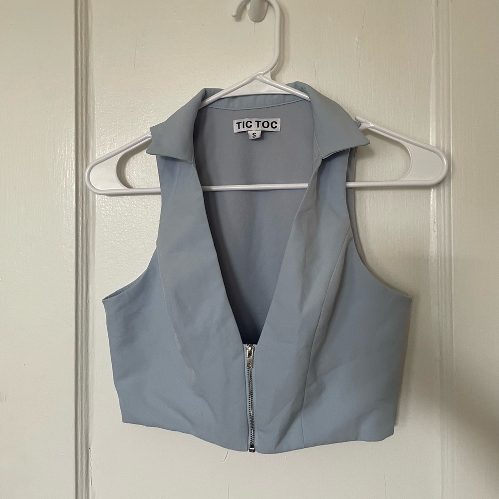 Light blue zip up vest halter top